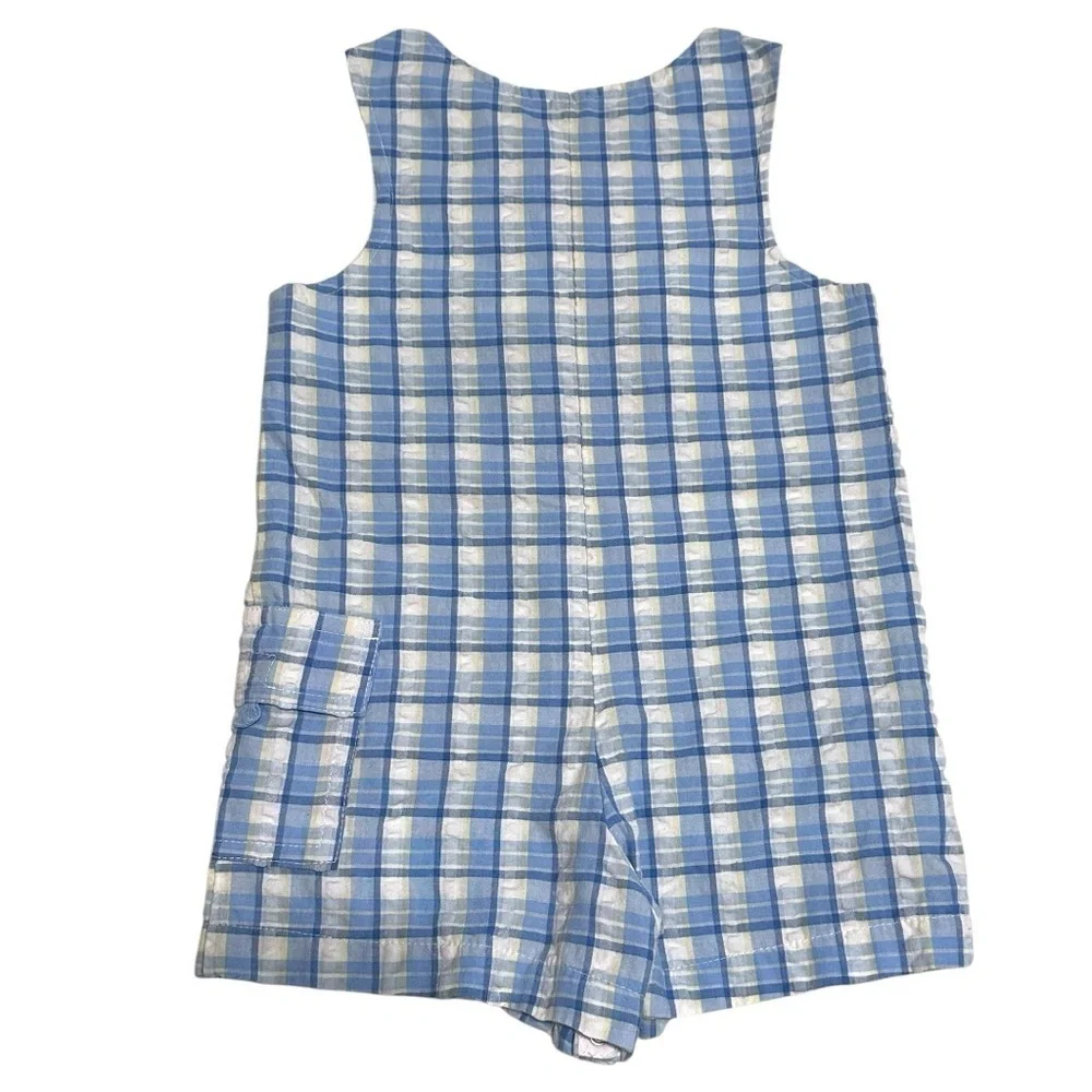 Vintage Good Lad Boys Plaid Blue Overalls with Dog Beach and Car Applique 24M
